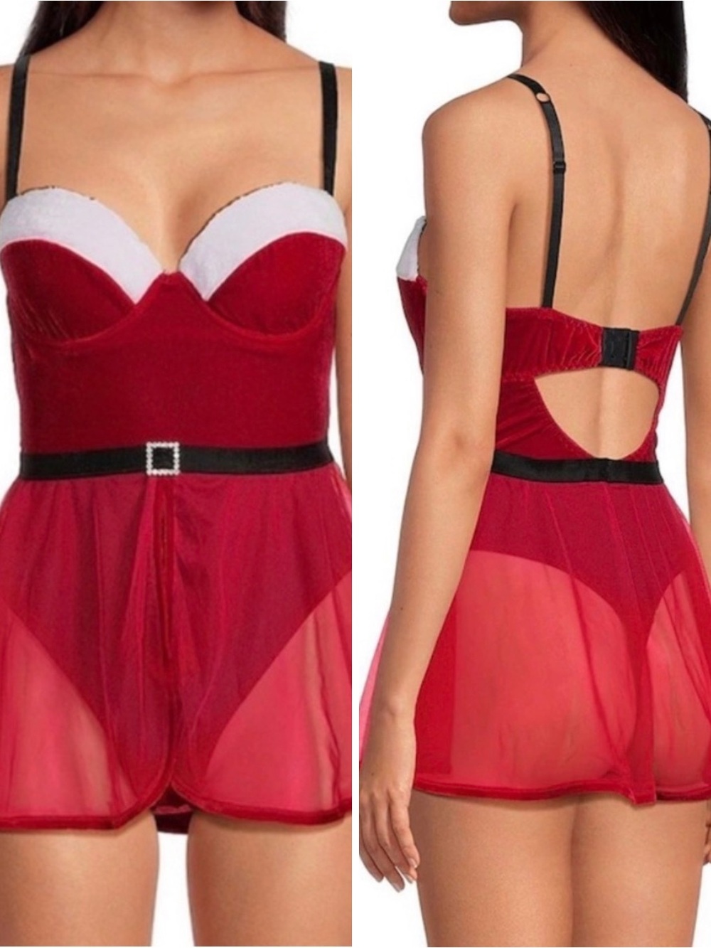NWT Sexy Santa Sweetheart Neck Padded Cup & Tulle Skirted Thong Bodysuit Size M